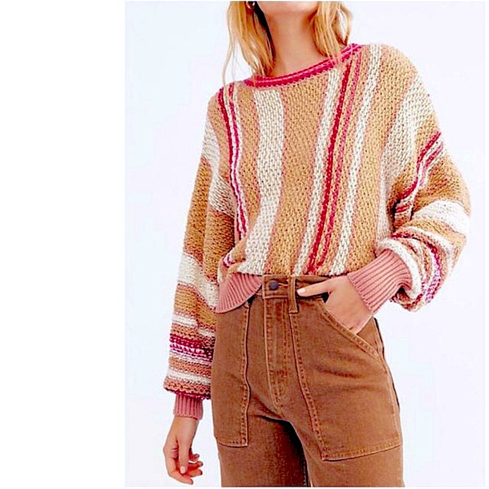 NWT XS FREE PEOPLE Show me love crop pullover sweater sweet child combo tan pink - Picture 5 of 11